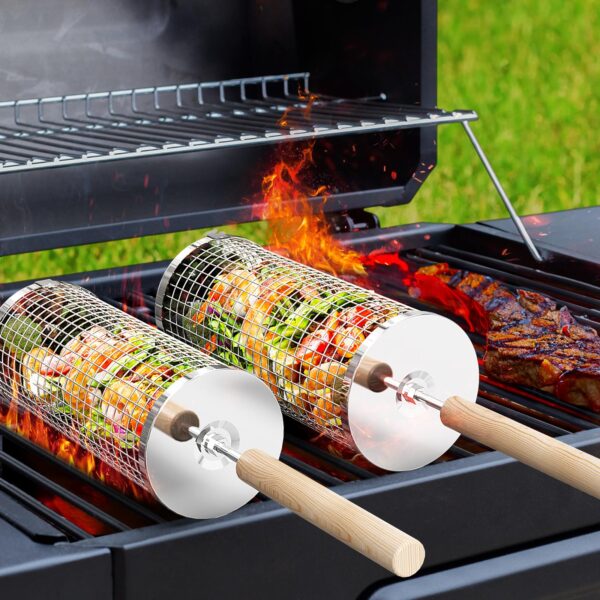 Ivtivfu Nestbarer Rollender Grillkorb mit Holzgriff – Edelstahl 304 Grillzubehör