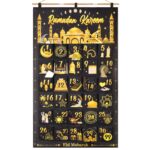 DPKOW Ramadan Kalender 111x69cm zum Befüllen – 30 Stofftaschen Schwarz-Gold