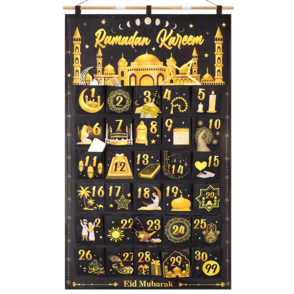 DPKOW Ramadan Kalender 111x69cm zum Befüllen – 30 Stofftaschen Schwarz-Gold