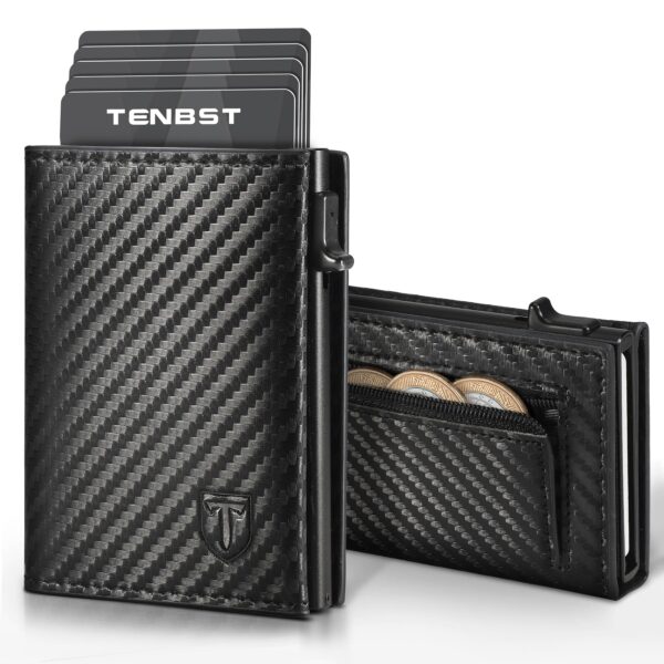 TENBST Slim Wallet Herren mit Pop-up Kartenfach & RFID-Schutz – Carbon-Schwarz