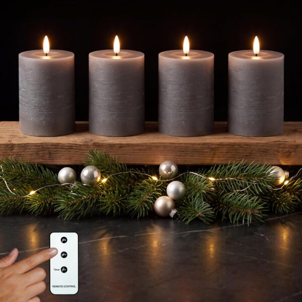 INSPINOVIA LED Echtwachs Kerzen 4er Set mit Fernbedienung & Timer – Grau, 10 cm