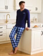 Bresdk Herren Schlafanzug Baumwolle Lang – Warmer Pyjama mit V-Ausschnitt & Taschen – Bild 5