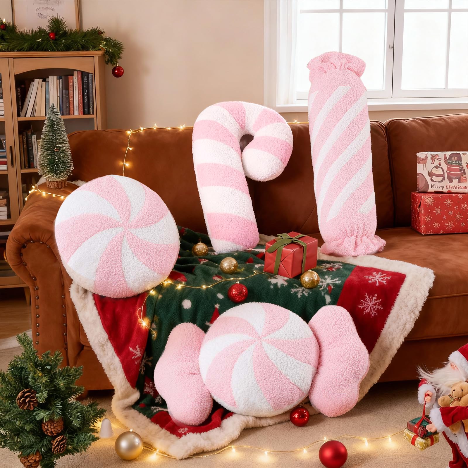 Lanpn 4er Set Bonbon-Dekokissen Rosa-Weiss – Weihnachtskissen für Sofa & Bett