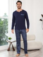 Bresdk Herren Schlafanzug Baumwolle – Zweiteiliges Pyjama Set mit V-Ausschnitt für Winter – Bild 2