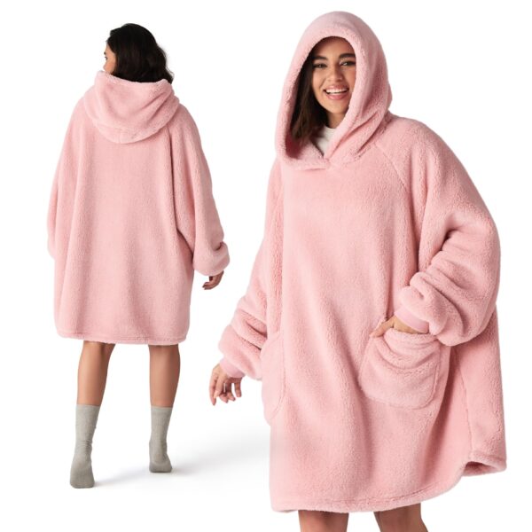 BEDSURE Hoodie Decke mit Ärmeln 95x85cm Rosa – Sherpa Kuscheldecke mit Taschen für Damen & Herren
