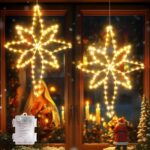 Quntis 2er Set LED Weihnachtsstern 58cm faltbar – Warmweiss Fensterdeko mit Timer