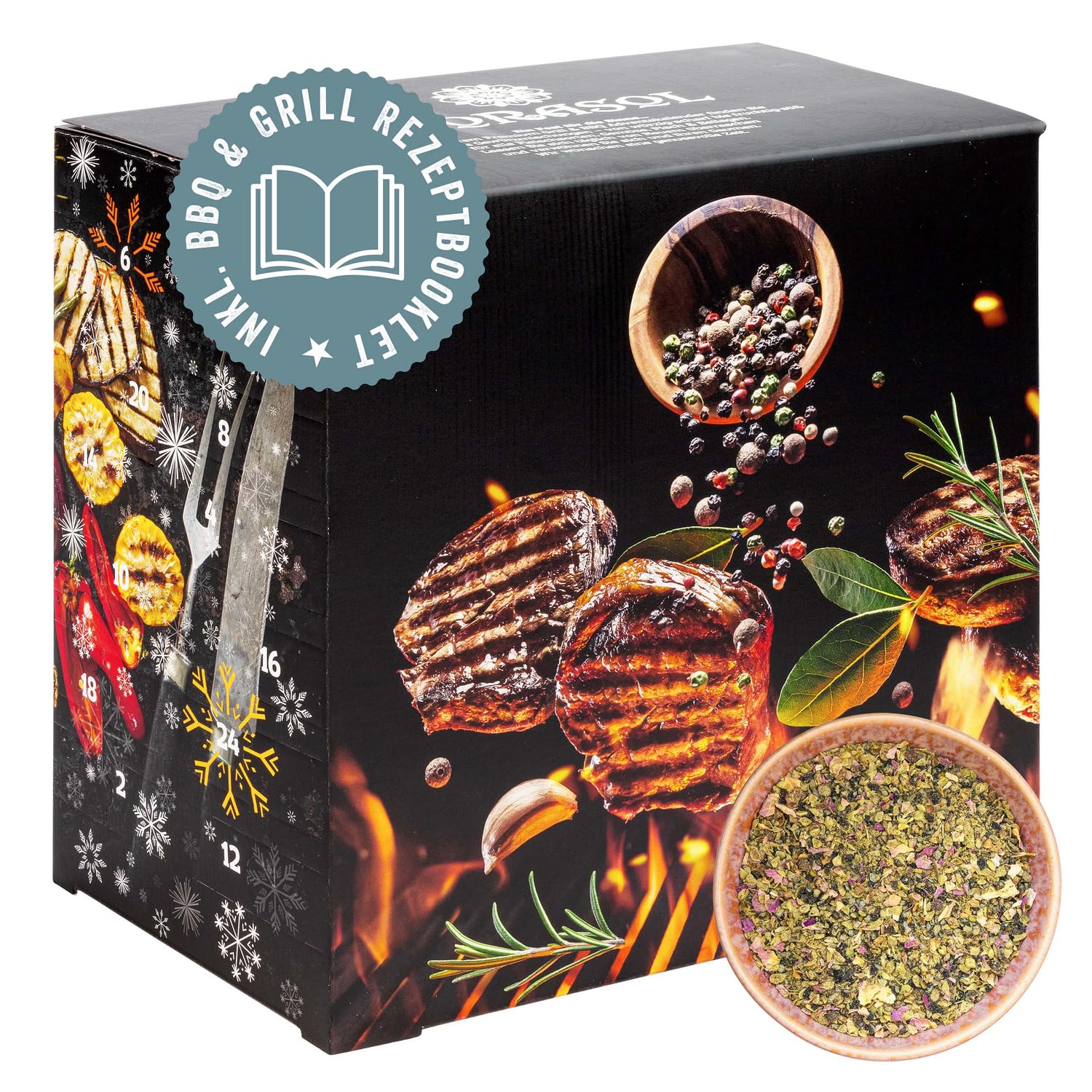 Corasol Premium BBQ Adventskalender 2026 – 24 Gewürzmischungen mit Rezept-Booklet