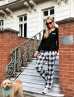 Bresdk Damen Schlafanzug Lang Baumwolle Kariert – Zweiteiliger Pyjama mit V-Ausschnitt – Bild 8