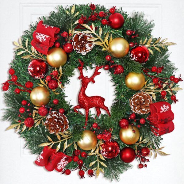 Dremisland Weihnachtskranz 44cm mit Rentier & Beerenhaufen – Künstlicher Adventskranz für Haustür