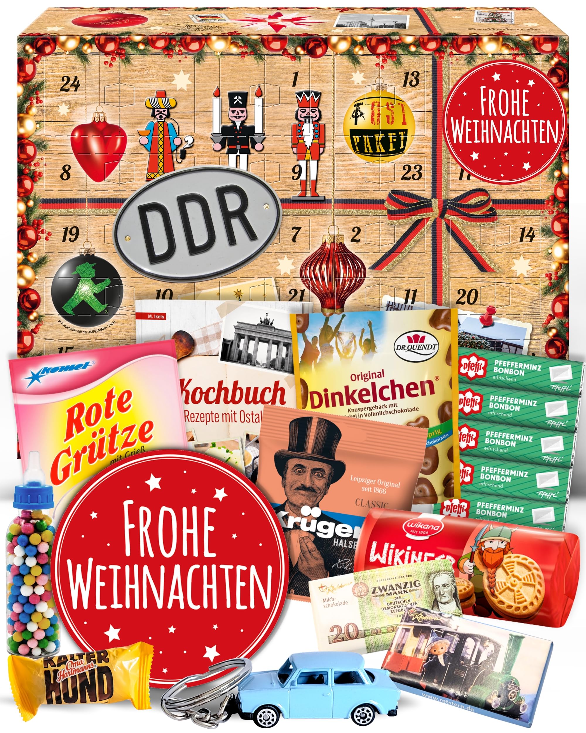 DDR Adventskalender 2026 mit Ostprodukten – 24 Tage Ostalgie in Holzoptik-Box