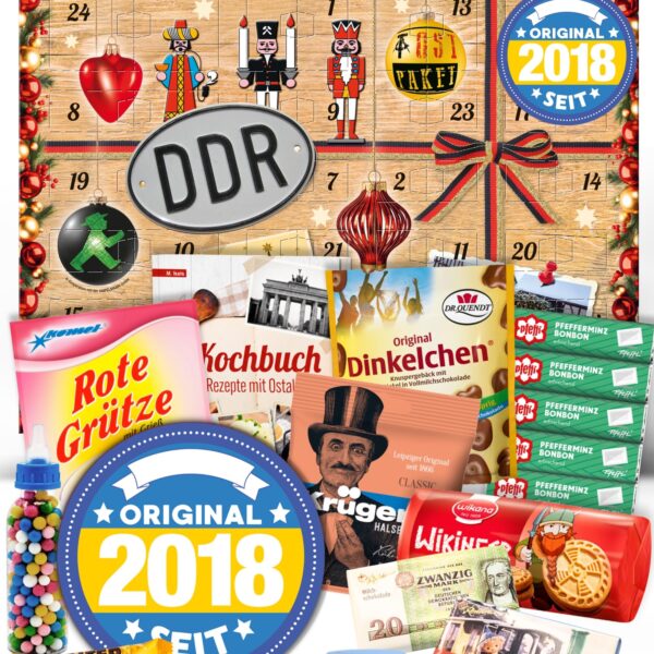 DDR Adventskalender mit 24 Ostprodukten – Ostalgie Geschenkbox mit Zetti, Ampelmann & Halloren