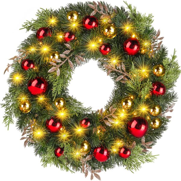 Ulinek Weihnachtskranz 40 cm mit 40 LED & PE-Tannennadeln – Batteriebetrieben für Haustür