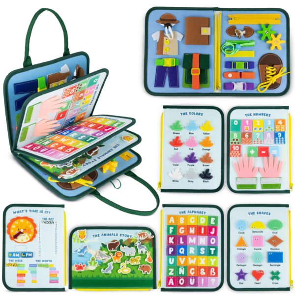 BONNYCO Montessori Busy Board Filz – 8 Sensorische Tafeln im Koffer für Kinder 1–4 Jahre