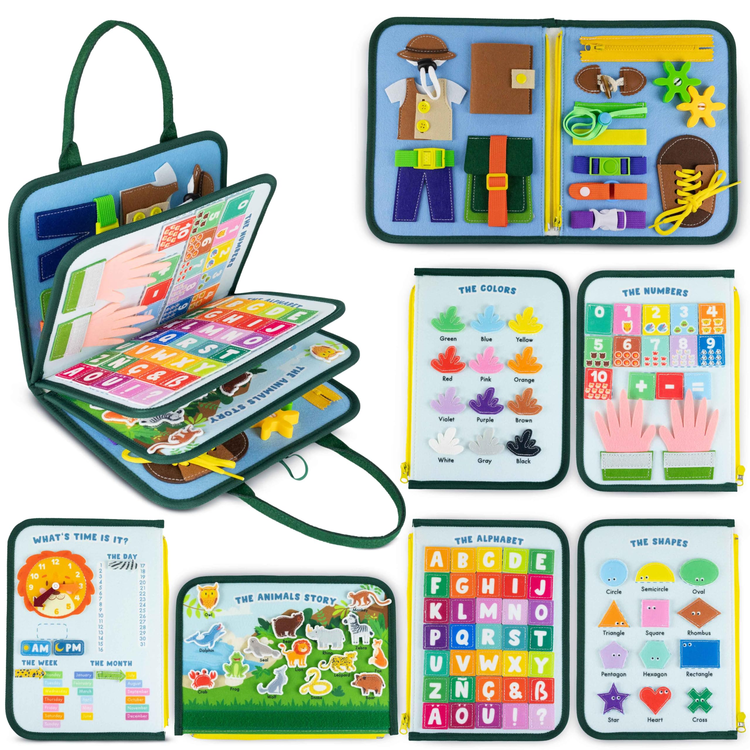 BONNYCO Montessori Busy Board Filz – 8 Sensorische Tafeln im Koffer für Kinder 1–4 Jahre