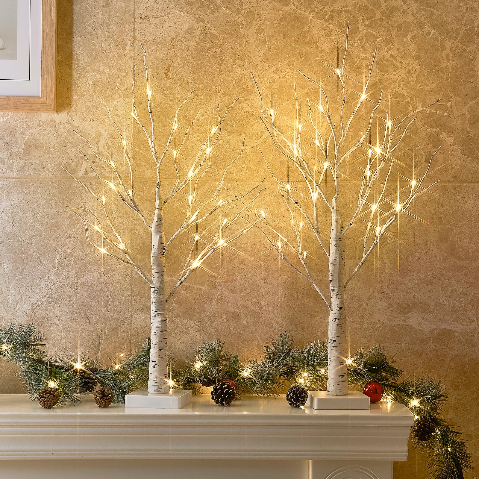 91Cq2zKftqL._SY1600_.jpg EAMBRITE 2er Set LED Lichterbaum 60cm mit 24 Warmweiss LEDs – Dekorative Lichterzweige für Zuhause – Bild 1