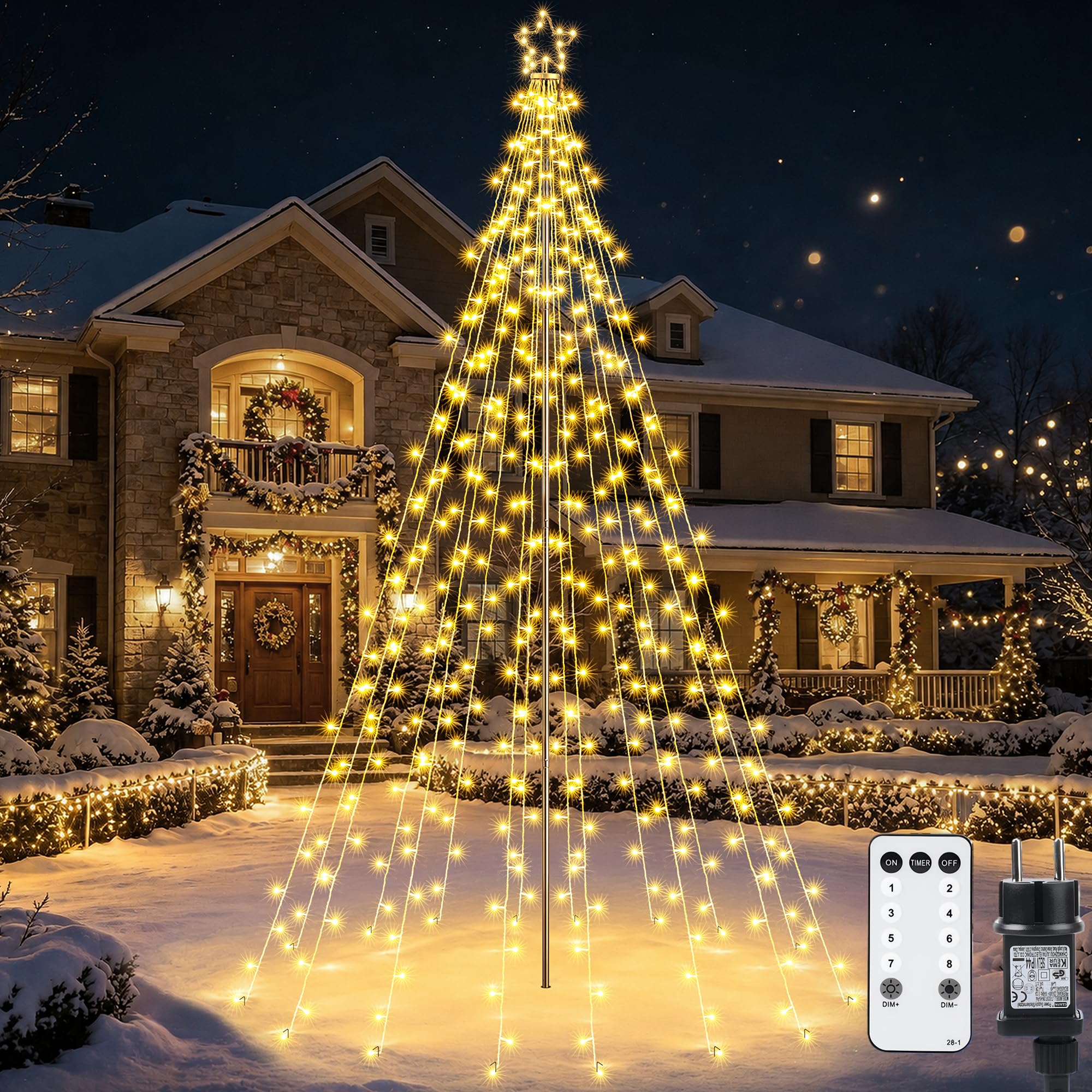 Joomer Weihnachtsbeleuchtung 568 LED 3,87M mit Stern – Warmweiß Außen Christbaumbeleuchtung Dimmbar