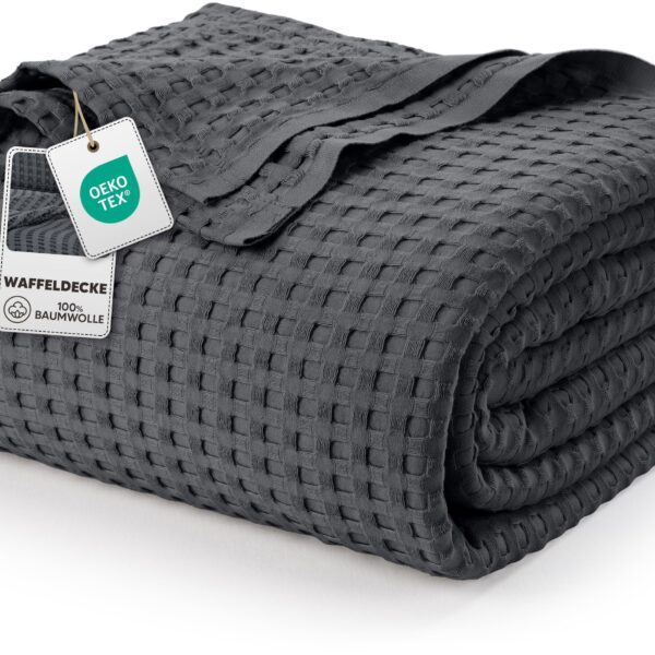 Utopia Bedding Baumwoll-Waffeldecke 228x182 cm Anthrazit – Atmungsaktive Tagesdecke für alle Jahreszeiten