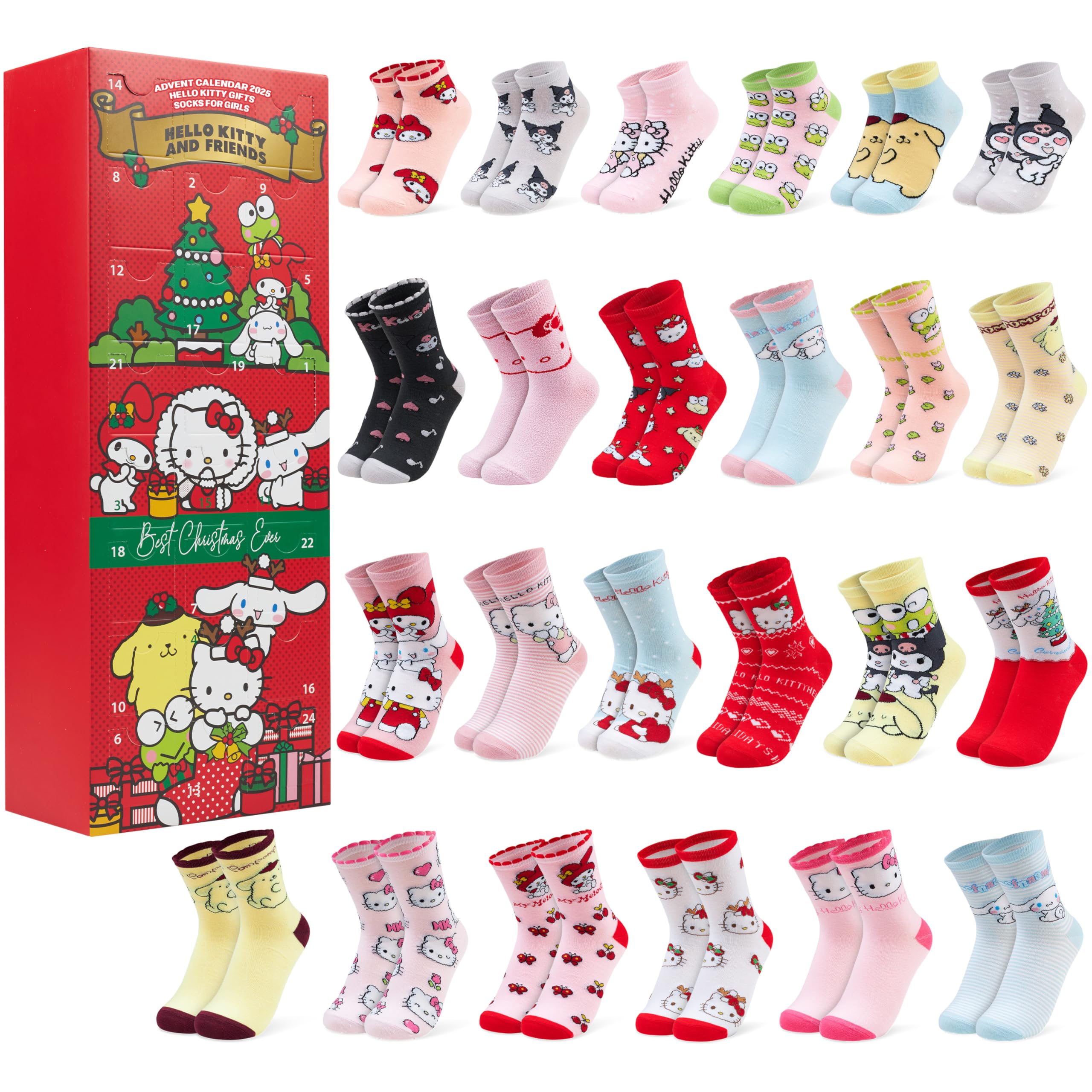 Hello Kitty Sanrio Adventskalender 2026 – 24 Paar Socken für Damen & Teenager Grösse 33-40
