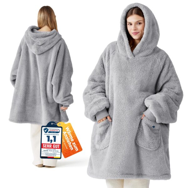 BEDSURE Hoodie Decke 95x85cm mit Ärmeln & Taschen – Premium Kuscheldecke Grau