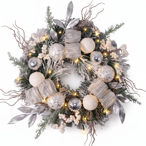 Valery Madelyn 46cm Weihnachtskranz mit 20 LED & Timer – Türkranz Weiss-Silber