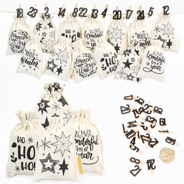 Papierdrachen Adventskalender 2026 – 24 Stoffsäckchen mit Holzklammern & Juteband