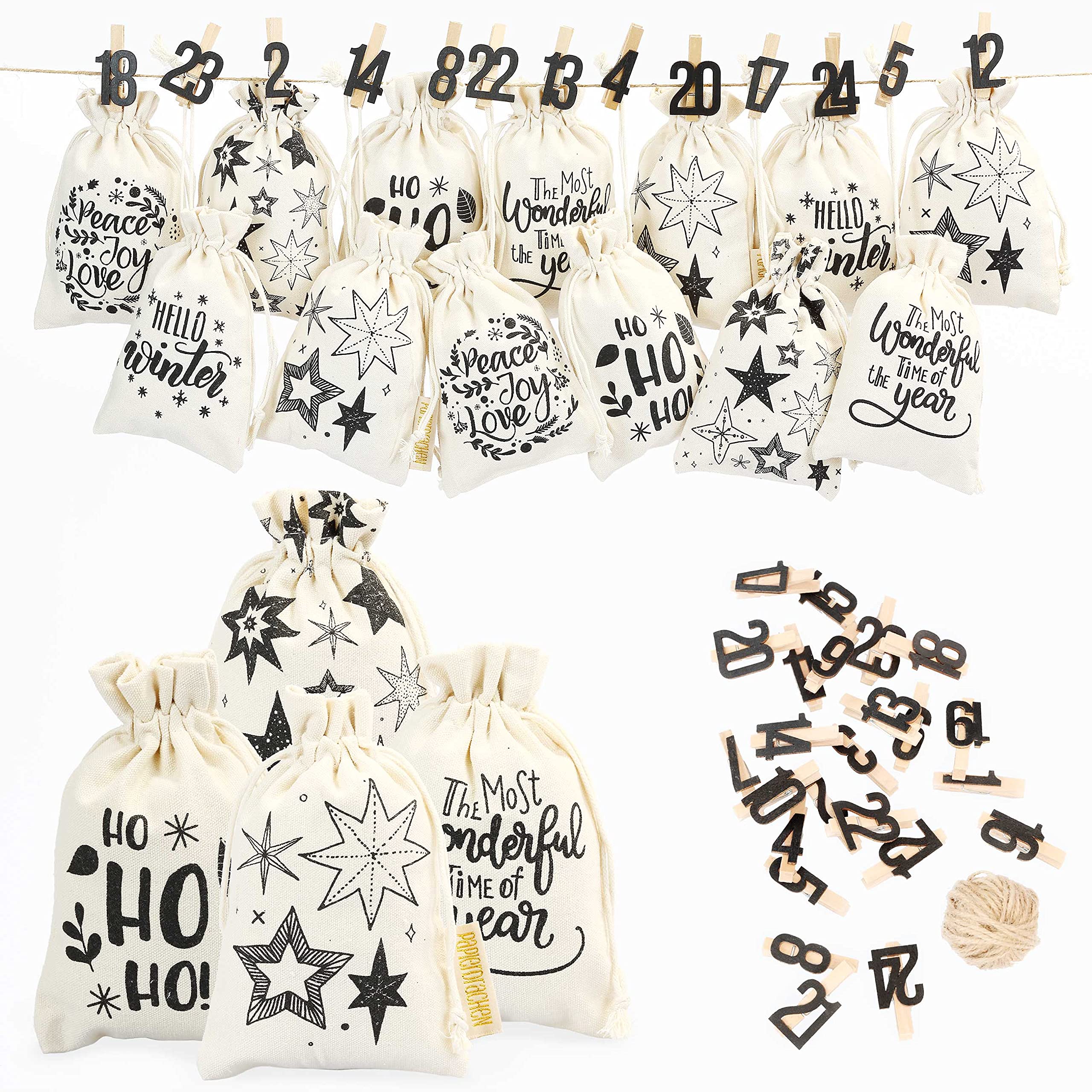 91bBPqhwcIL._SY2560_.jpg Papierdrachen Adventskalender 2026 – 24 Stoffsäckchen mit Holzklammern & Juteband – Bild 1