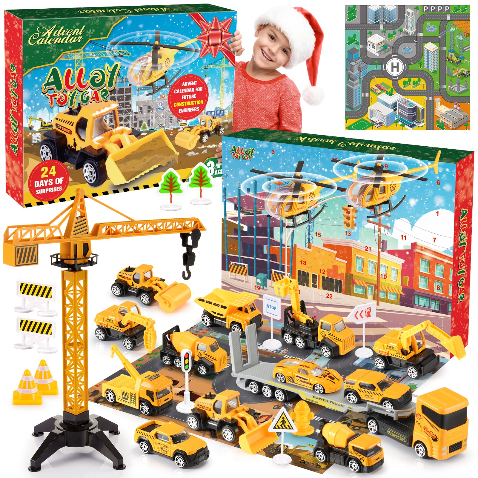 Adeokay Adventskalender 2026 Kinder – 24 Baustellen-Spielzeuge für 3–6 Jahre