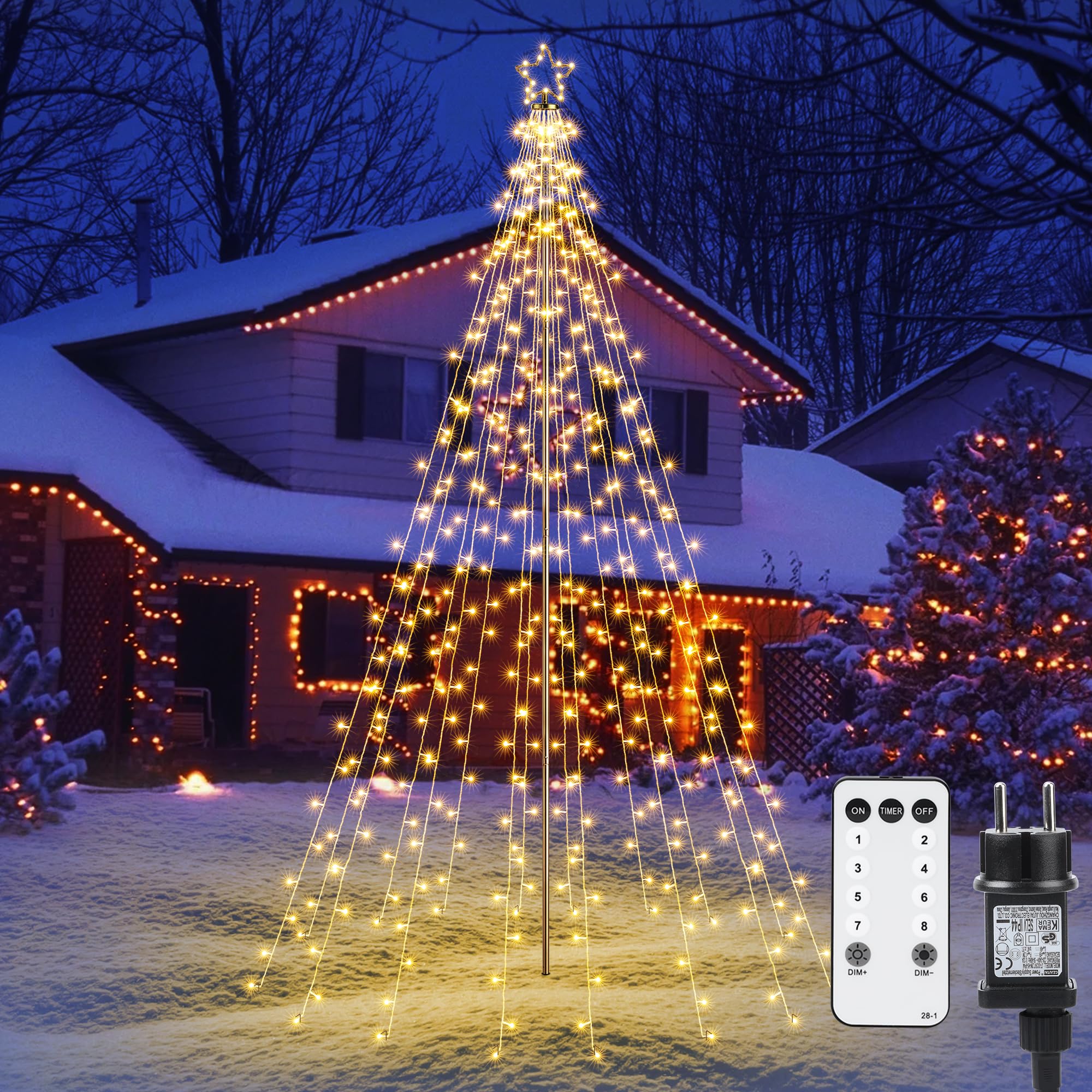 iBaycon Weihnachtsbeleuchtung 2,3 m mit Stern – 274 LED warmweiss, 8 Modi & Fernbedienung