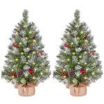 Yaheetech 2er-Set Mini Weihnachtsbaum 92cm mit LED & Schnee – Tischbaum mit Warmweiss