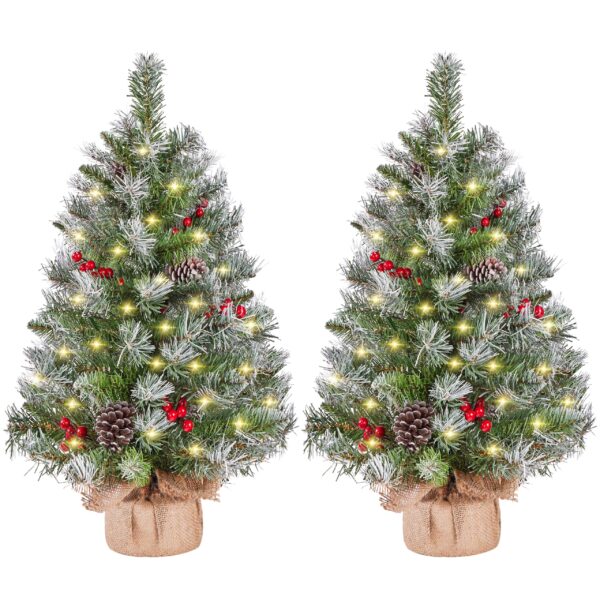 Yaheetech 2er-Set Mini Weihnachtsbaum 92cm mit LED & Schnee – Tischbaum mit Warmweiss