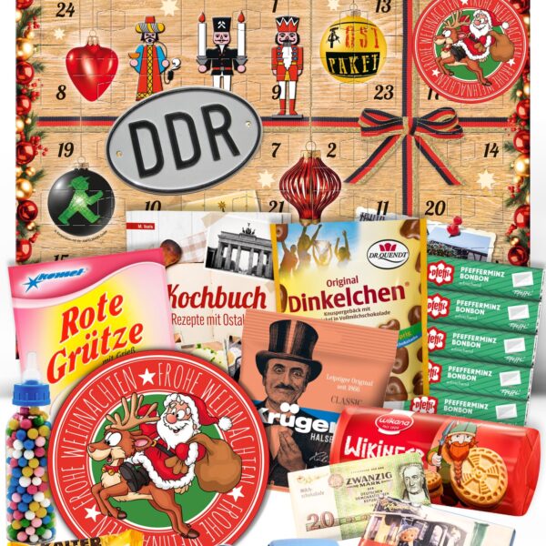 DDR Adventskalender 2026 – 24 Ostprodukte mit Kochbuch in Holzoptik-Box | Ostalgie Weihnachtskalender