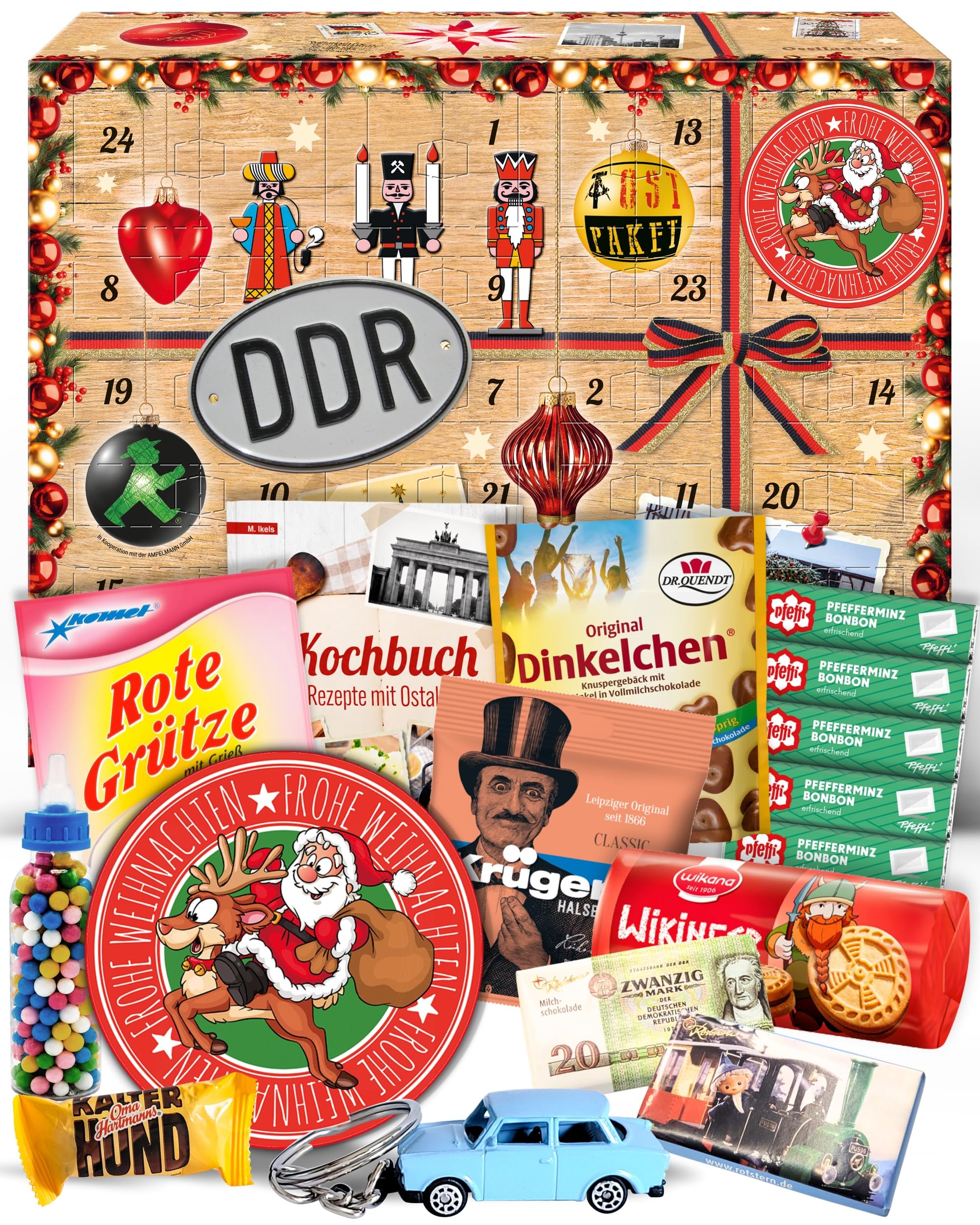 DDR Adventskalender 2026 – 24 Ostprodukte mit Kochbuch in Holzoptik-Box | Ostalgie Weihnachtskalender