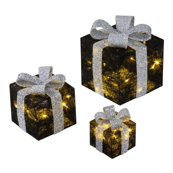 Bambelaa! 3er LED Geschenkboxen Set mit Timer – Weihnachtsdeko Schwarz-Silber