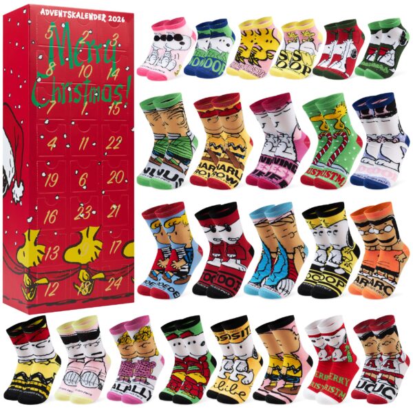 Get Trend Snoopy Socken Adventskalender 2026 – 24 Paar Damen & Teens Strümpfe, Grösse 36-41